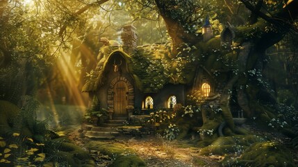 Enchanted forest cottage at sunset
