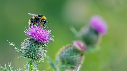 Quaint scene of a bumblebee alighting on a spiky thistle, with the simplicity of the plain green background accentuating the natural elegance of the moment.