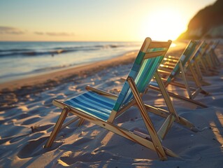 a row of beach chairs on the sand at sunset, one chair is blue and green with wood slats in it, other chairs have wooden frames made out of planks, there's some water behind them