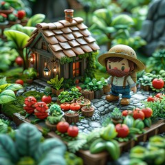 A farmer is standing in his garden. The garden is full of vegetables. The farmer is wearing a hat and overalls. The farmer is smiling.