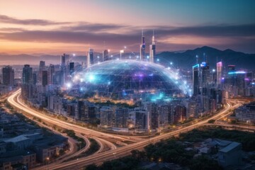 Obraz premium 5G internet network connected in smart city wireless digital connection