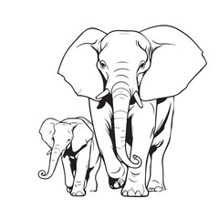 elephant with its baby coloring page vector black and white for prints studies children book 