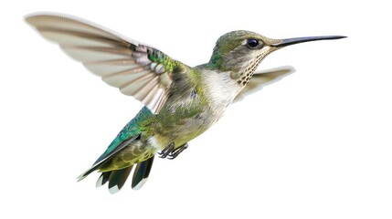 A mesmerizing photo showcasing the graceful movement and vibrant colors of a hummingbird in flight, beautifully contrasted against a bright white background.