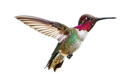Fototapeta premium An engaging photo featuring the bright and iridescent plumage of a flying hummingbird against a pure white background, creating a captivating and visually striking image for various design purposes. 