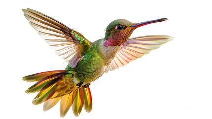 Obraz premium A captivating photo showcasing the vibrant hues and intricate patterns of a hummingbird's wings as it hovers gracefully against a pristine white background.