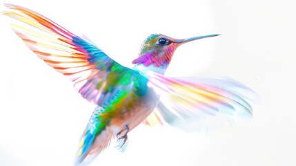 Obraz premium A dynamic photo featuring the iridescent feathers and rapid flight of a hummingbird against a bright white background, creating a striking and visually appealing image for a variety of projects.