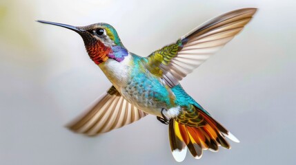 Fototapeta premium An enchanting photo capturing the vibrant colors and graceful flight of a bright, iridescent hummingbird against a clean white background, perfect for adding a touch of exotic beauty to any project. 
