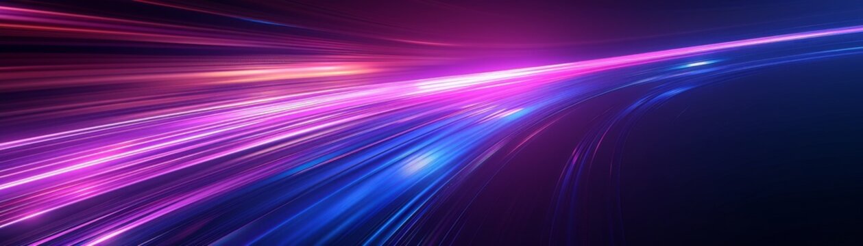 Blue purple light line through dark background, hyper speed warp in space 