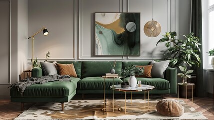 Modern living room with a green sofa, coffee table, pouf, plant, lamp, carpet, and gold decor. Accessories include a mock-up poster frame.