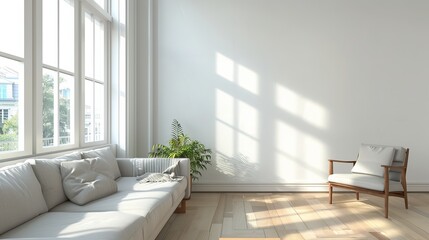 Fototapeta premium Modern living room with an empty couch and chair by the window. The room has white walls and plenty of natural light.