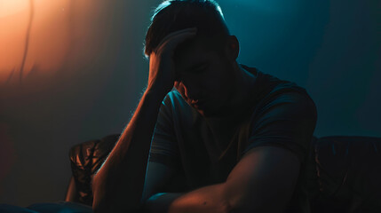 Serious sad man in dark Depressed anxious person suffer from trauma solitude or drug addiction Homeless outcast with shame after mistake Dramatic moody silhouette with melancholy grief : Generative AI