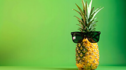 Pineapple wearing sunglasses on a green background with copy space for text in the style of a summer minimalist concept
