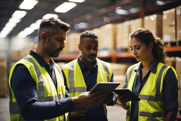 Warehouse employee using digital tablet for warehouse logistics management in distribution center