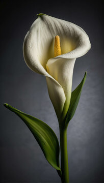 One white Aram Lily (Zantedeschia aethiopica) for postcards, good luck or weddings, in studio lighting with dark grey background