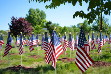 american flags in cemetery