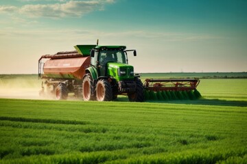 Obraz premium Tractor spreading and spraying potash fertilizer on green wheat field, agriculture, farming and harvesting concept
