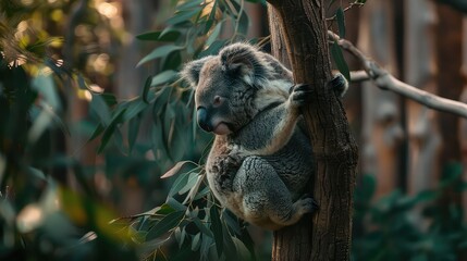 Fototapeta premium A mesmerizing 4K wallpaper featuring a koala bear perched on a branch of a tree, peacefully munching on eucalyptus leaves.