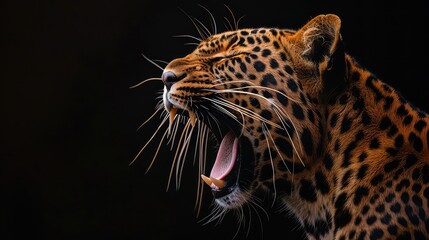 Obraz premium A captivating stock photo highlighting the intricate details of a leopard's mouth in extreme close-up, against a solid black background, making it an eye-catching option for a high-quality.
