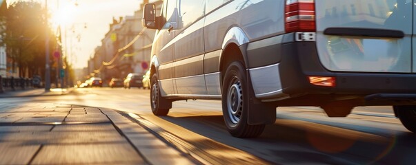 White minibus driving on city street with sunlight flare, conveying urban transport.