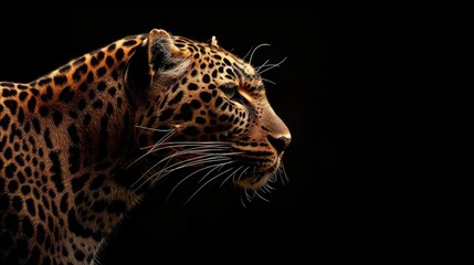 Fototapeta premium An inspiring image highlighting the grace and power of a leopard against a dramatic black background, with its sleek silhouette and intense gaze making it a stunning subject for a 4K wallpaper. 