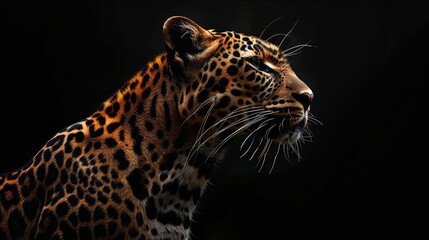 Obraz premium A captivating shot showcasing the majesty of a leopard against a rich black background, with its sleek form and intense stare adding depth and intrigue to this stunning 4K wallpaper.