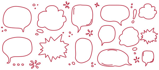 Hand drawn Speech Bubble set Red color. Sketch comic doodle style speech bubble for text quote. Doodle outline dialog balloon. Vector illustration