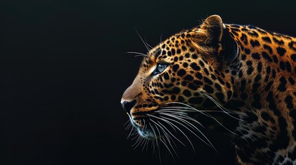 An inspiring shot showcasing the intricate details of a leopard's coat against a deep black background, with its piercing eyes adding to the mystique of this beautiful predator in stunning.