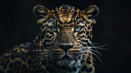 An inspiring image showcasing the mesmerizing pattern and piercing eyes of a leopard against a deep black backdrop, creating a captivating visual experience for a 4K wallpaper.