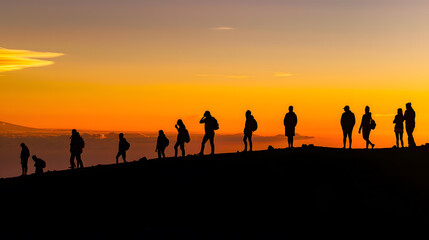 Fototapeta premium Silhouettes of people at sunset at the top of Haleakala volcano : Generative AI