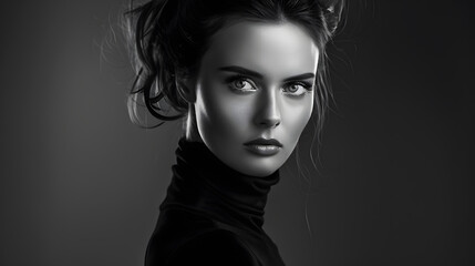 Black and white fashion art studio portrait of beautiful elegant woman in black turtleneck  Hair is collected in high beam  Elegant ballet style : Generative AI
