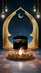 Unveiling the symbols of Eid al Adha, star and crescent, Kaaba, and oil lamps mockup template