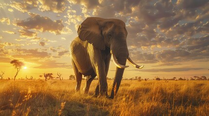Fototapeta premium A captivating photo capturing the tranquility of an African elephant as it walks through the serene landscapes of National Park.