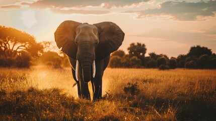 Obraz premium A captivating photo capturing the tranquility of an African elephant as it walks through the serene landscapes of National Park.