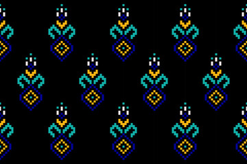 Traditional ethnic motifs ikat geometric fabric pattern cross stitch.Ikat embroidery Ethnic oriental Pixel brown background. Abstract,vector,illustration. Texture,scarf,decoration,wallpaper.