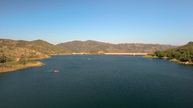Motor Boat Near Dixon Lake Campground In Escondido, San Diego California, United States. Aerial Drone Shot