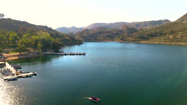 Flyover Pier Of Dixon Lake Campground In Escondido, San Diego California, United States. Aerial Drone Shot