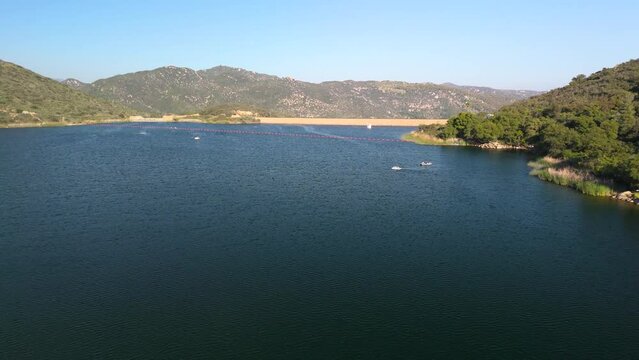 Boating Over Dixon Lake Reservoir In Escondido, San Diego California, United States. Aerial Drone Shot
