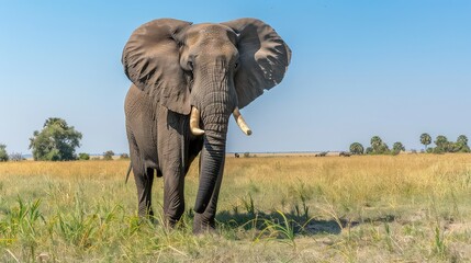 Fototapeta premium A majestic African elephant, Loxodonta africana, strolls gracefully through Chobe National Park in Botswana, its trunk swaying gently in the warm sunshine, creating a breathtaking 8K.