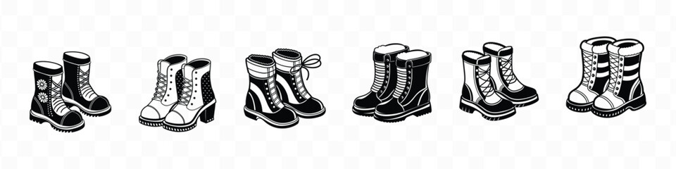 Set of winter boot, Set of Cowboy Boot, Hiking boots icon. Constructor work boot. Hiking boots mountain shoes. Cowgirl Boots, Cowboy Boots Bundle, Cowboy Boots
