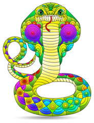 A stained glass illustrations with bright snakes cobras, animals isolated on a white background