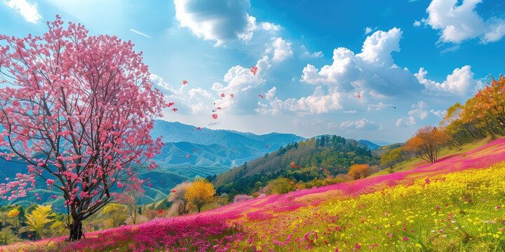 A captivating shot showcasing the vibrant colors of nature in a picturesque landscape, with colorful trees, pink mountains, and floating flowers creating a stunning visual against the backdrop.