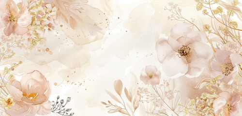 Mild pink, ivory watercolor florals with gold accents on wide canvas.