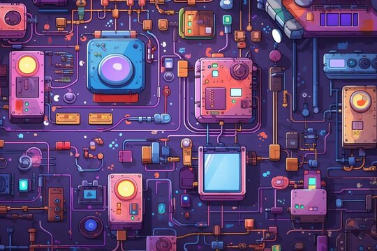 Beginner electronics flat design top view maker space theme cartoon drawing vivid