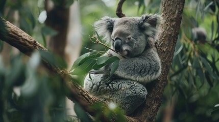 Fototapeta premium A captivating photo highlighting the adorable behavior of a koala bear as it feeds on leaves while resting on a tree branch, offering a charming scene for a high-quality 4K wallpaper. 