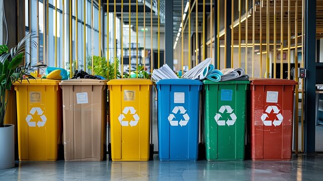 Colorful recycle bins in the office