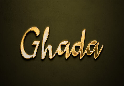 Old gold text effect of Arabic name Ghada with 3D glossy style Mockup