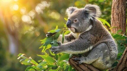 Fototapeta premium A dynamic image featuring a close-up view of a koala bear engaged in eating leaves while perched on a tree branch, providing a captivating moment for a high-resolution wallpaper. 