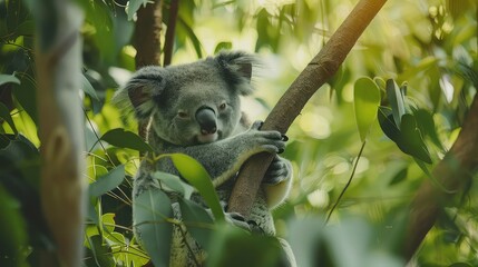 Obraz premium An inspiring shot capturing the peacefulness of nature with a koala bear nestled on a tree branch, surrounded by lush green leaves, making it a perfect choice for a calming 4K wallpaper. 