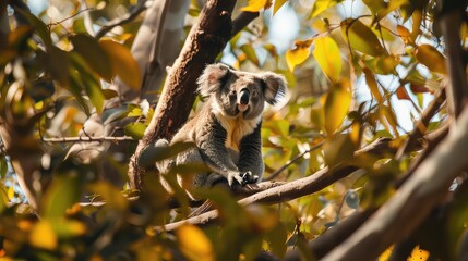 Fototapeta premium A dynamic shot capturing the essence of wildlife as a koala bear sits on a tree branch, leisurely munching on leaves, offering a delightful scene for a high-resolution wallpaper. 