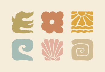 Boho Summer Beach Illustration Set. Groovy Geometric Sun, Seashells, Bird, Wave and Flower. Vector Abstract Square Tropical Icons in Freehand Retro Style for Logo, Print, Pattern, Poster, Web Design